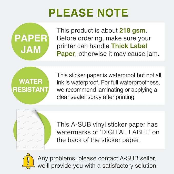 A-SUB 55 Sheets Vinyl Sticker Paper for Inkjet Printer - Glossy Printable Vinyl 8.5x11 Inch Waterproof Sticker Paper for DIY Any Decal You Like