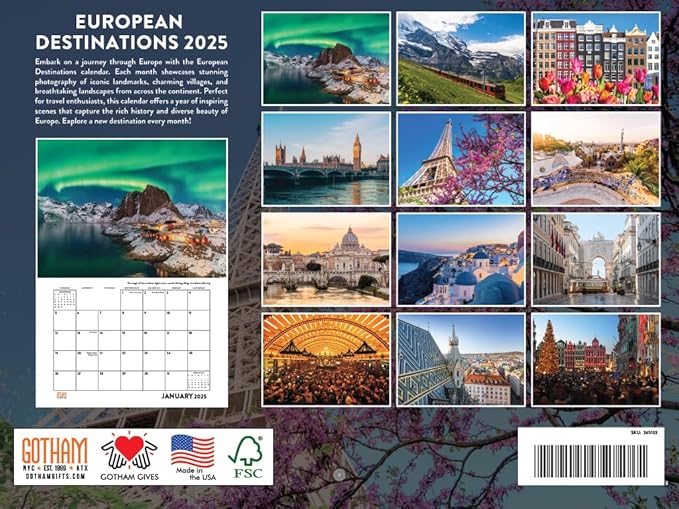 Europe Calendar 2025 European Destinations Travel Monthly Wall Calender 12 Month | American Made In The USA