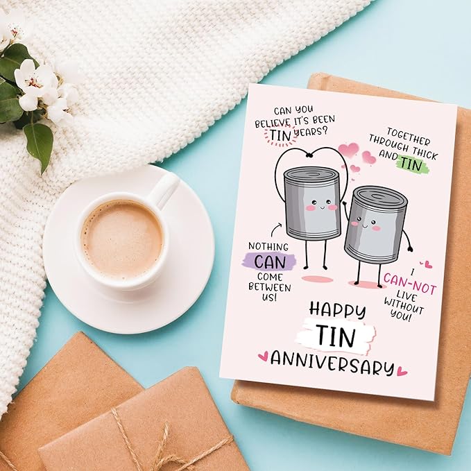 Funny 10 Years Anniversary Card, Cute Tin Pun 10th Anniversary Card for Husband Wife, Hilarious Ten Years Anniversary Card for Him Her, Happy Tin Wedding Anniversary Card