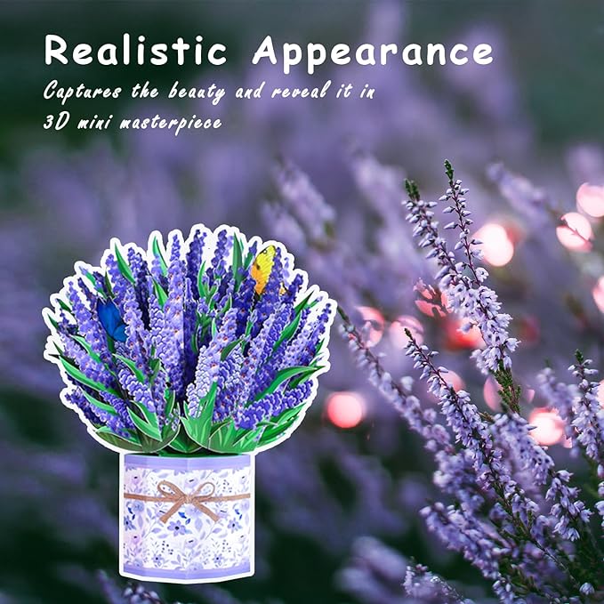 Lavender Bouquet Pop Up Card, 3D Flower Greeting Card with Envelope for Any Occasion, Birthday, Mother's Day, Anniversary, Valentines Day, Foldable Flower Cards for Wife or Friends
