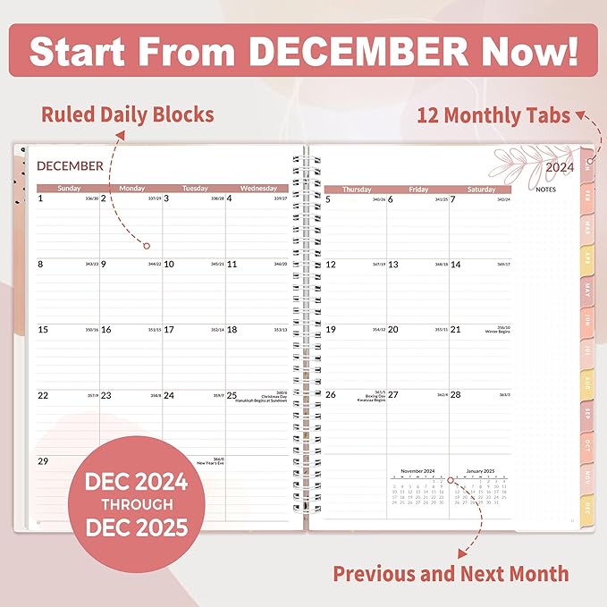 SUNEE 2025 Weekly and Monthly Planner - from January 2025 - December 2025, 8.5"x11" Daily Agenda Planner with Monthly Tab, Flexible Cover, Note Pages, Pockets, Bookmark, Spiral Binding, Pink Breeze