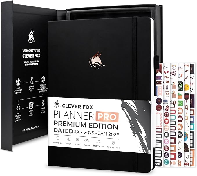 Clever Fox Planner PRO Premium Jan 2025-Jan 2026 – Luxurious Weekly, Monthly & Budget Agenda Organizer for Productivity & Reaching Goals, A4 Hardcover + Keepsake Box – Black