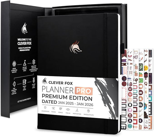 Clever Fox Planner PRO Premium Jan 2025-Jan 2026 – Luxurious Weekly, Monthly & Budget Agenda Organizer for Productivity & Reaching Goals, A4 Hardcover + Keepsake Box – Black
