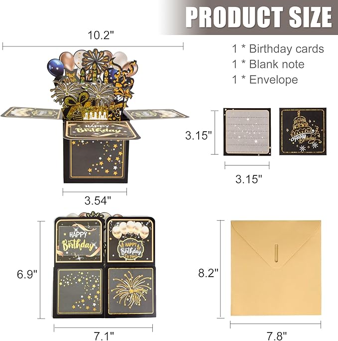 Surprise Pop Up Happy Birthday Cards, Lovely 3D Birthday Card for Adults and Kids with Envelopes, Unique Design Handmade Foldable Greeting Cards for Daughter, Son, Mom, Dad, Friend（Black）