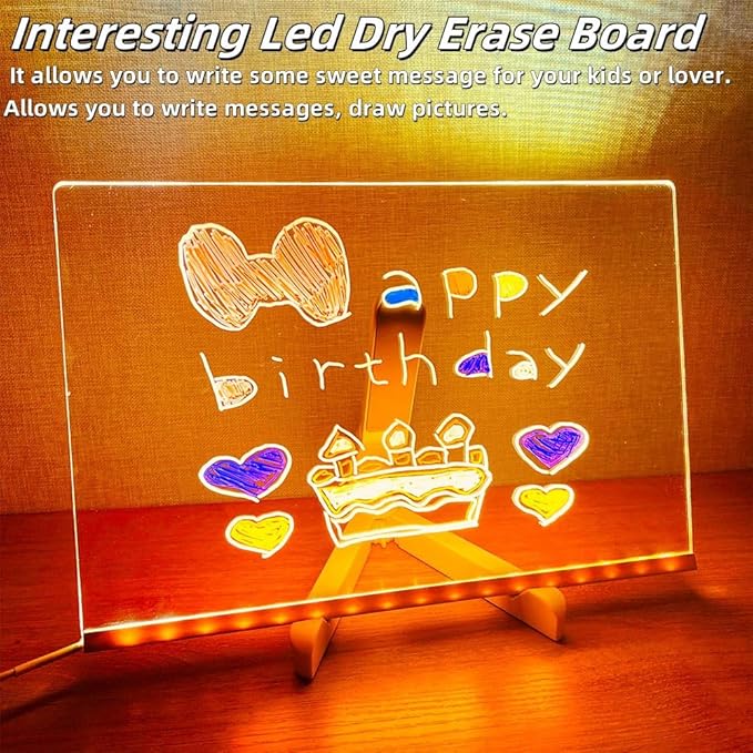 Acrylic Led Dry Erase Board - Creative Rewritable Message Board - Led Color Note Board with Stand - Light up Led Acrylic Message Board as a Glow Memo Board Note with 7 Pen - Free Eraser Easy to Clean