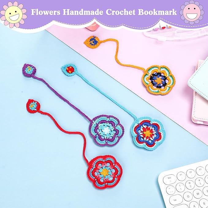 Harloon 4 Pieces Christmas Book Lover Gifts Flowers Crochet Bookmark Book Lovers Bookmarks Handmade Knitted Book Marker Curtain Tiebacks Holdbacks Car Ornaments for Readers Writers Library(Classic)