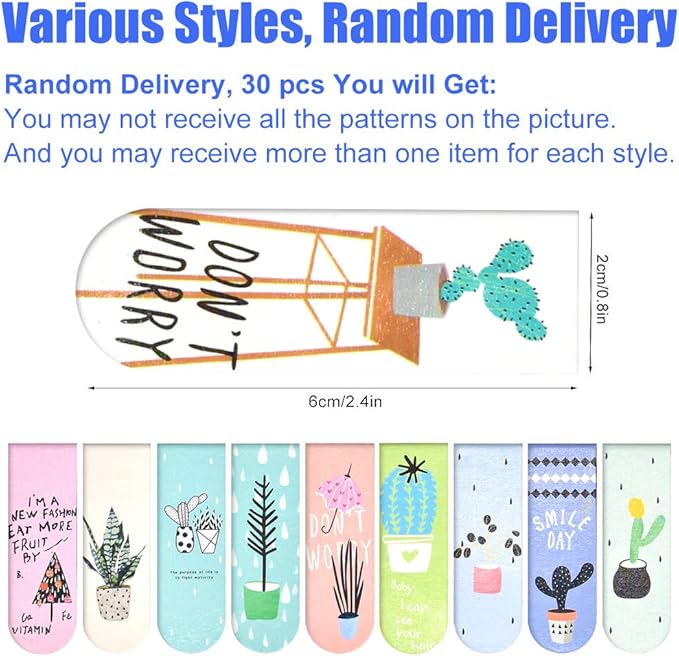 30 Pieces Cute Magnetic Bookmarks for Women/Men, Dual Sided Rainbow Film Laminated Book Markers for Girls, Funny Magnetic Bookmarks for Kids, Book Marks Bulk Page Clip Reading Giveaways (Cactus Plant)