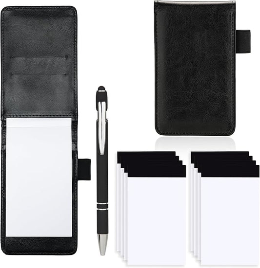 Camelmother 10 Pieces Small Notepad Holder Set Pocket Notebook 3 x 5 Inch with Pen Small notebooks note pads Leather Notepad (black plain)