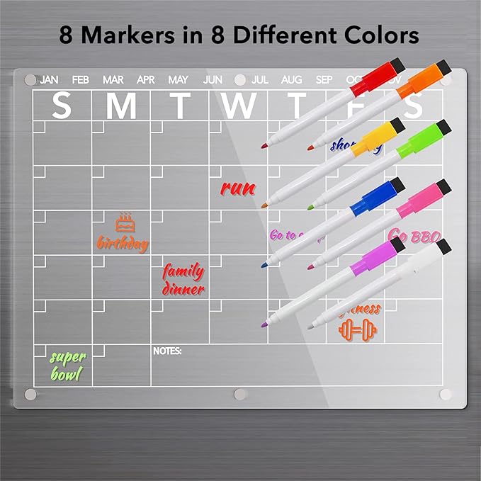 Acrylic Magnetic Dry Erase Board Calendar for Fridge, Clear Monthly Planner Whiteboard for Refrigerator, w/ 8 Colors Markers, 15"x11"