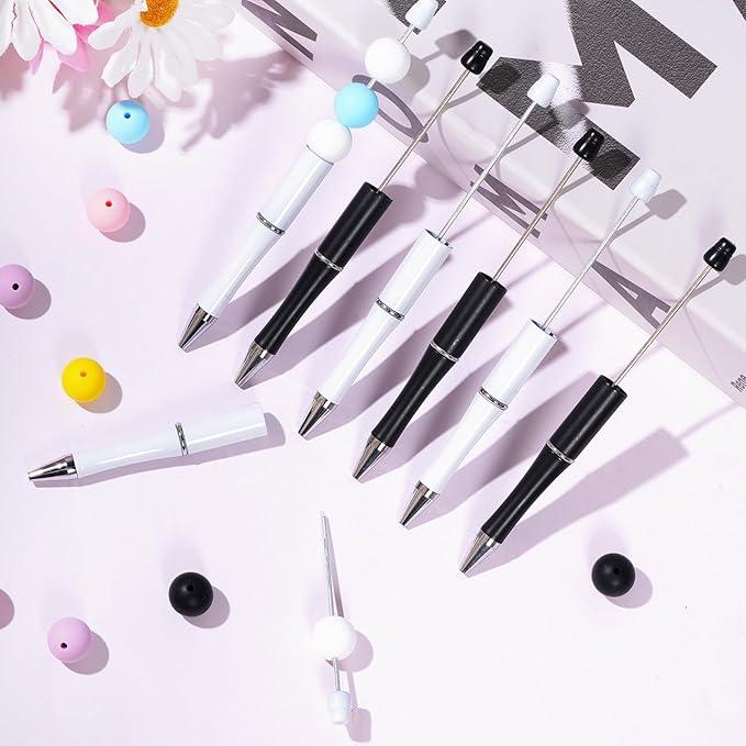 jiebor 30Pcs Beadable Pens Plastic Bead Pen Black Ink Ballpoint Pens Diy Pens Cute Cool Pens for Teacher Bridal Women Men Graduation Gift Office Supplies Black White