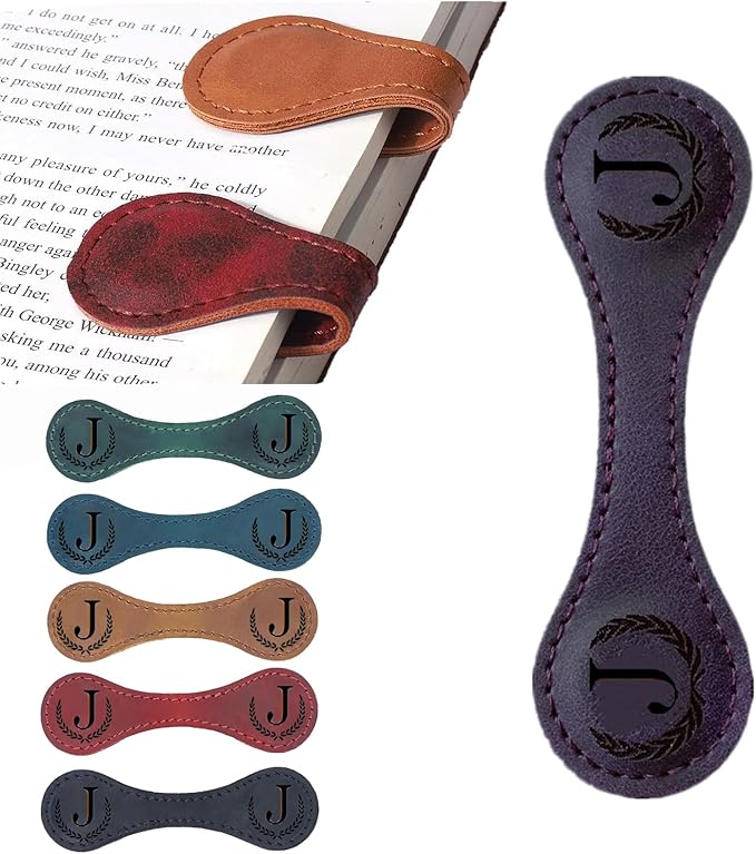 Personalized Magnetic Leather Bookmark, 26 Letters Custom Leather Bookmarks, Handmade, Leather Magnetic Bookmark for Book Lovers Readers Women Kid(Purple，J）