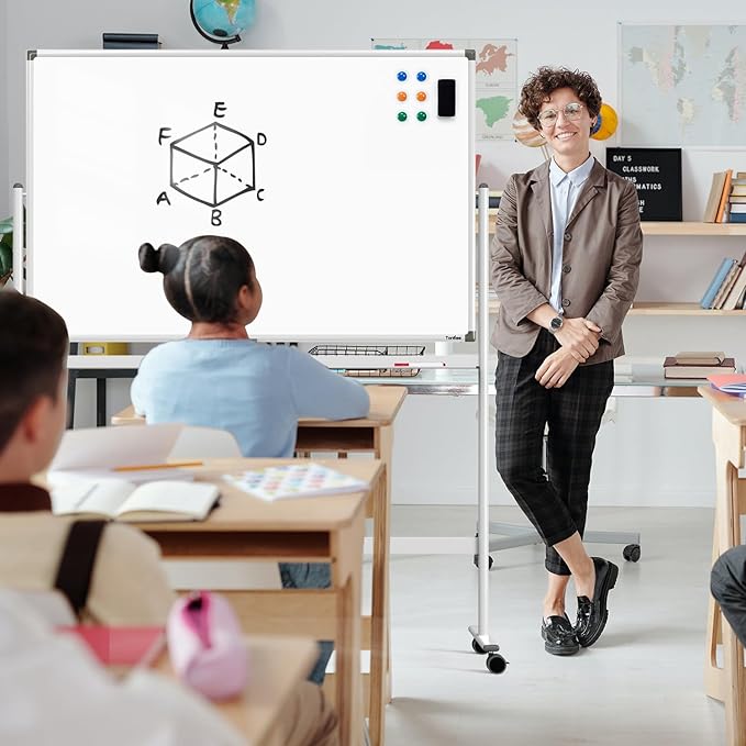 Dry Erase Whiteboard Easel on Wheels - TANKEE 48" x 32" Large Double Sided Mobile Whiteboard, Reversible Magnetic Rolling White Board for Home Office Classroom, Flip Chart Holders and Paper Pad