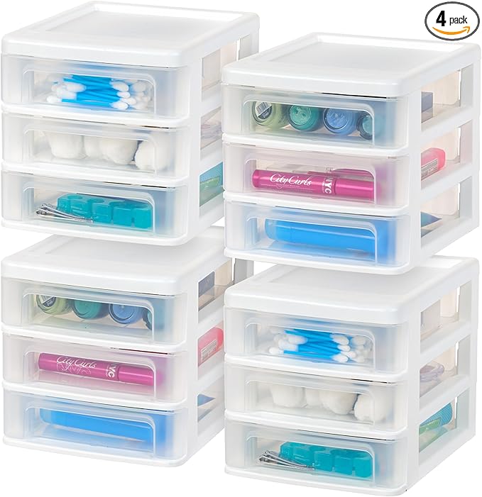 IRIS USA Plastic Stacking Desk Top 3-Drawer Storage Organizer, 4-Pack, for Makep Vanity Nail Polish Bathroom Stationery Art Craft Supplies Kitchen Office Garage and Small Organization, Small, White