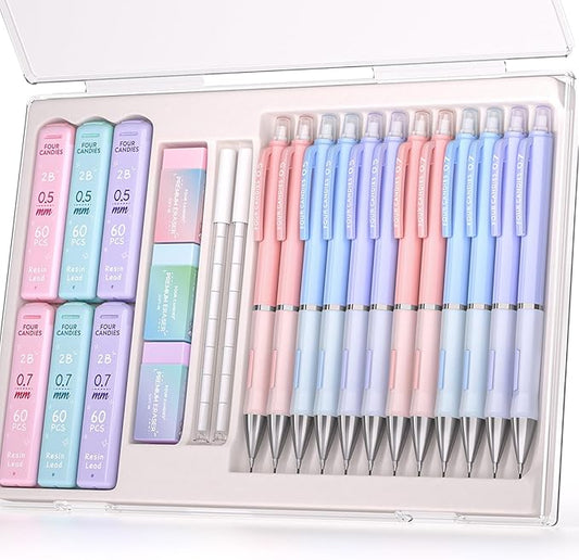 Four Candies Pastel Mechanical Pencil Set, with 0.5 & 0.7mm Lead Refills (HB & 2B), Cute Erasers & Eraser Refills, 29-Count Pack with Case, Aesthetic School Supplies for Student Writing Drawing