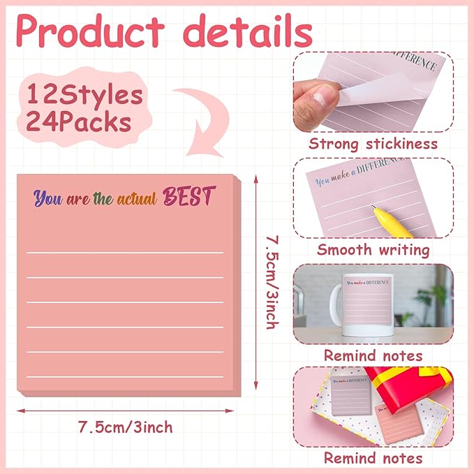 Yinder 24 Pcs Inspirational Sticky Notes with Lines Cute Motivational Sticky Notes Pad Employee Appreciation Gifts Bulk for Teacher Nurse Coworkers Office Supplies 3 x 3''(Aesthetics,Appreciation)