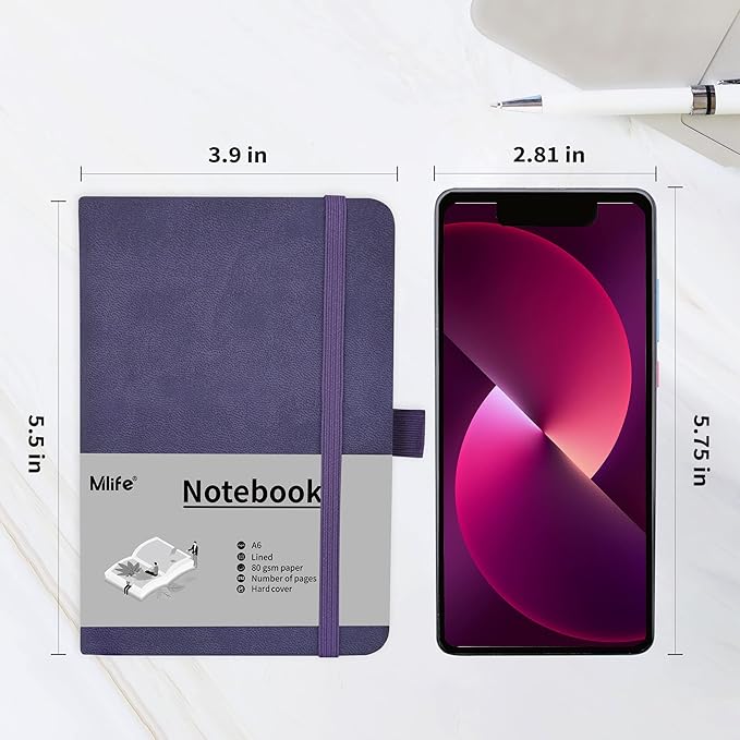 A6 Small Journal Notebook, Lined Pocket Notebook with Pen Holder, Mini Notebook Hardcover, 192 Pages, 3.9 inches * 5.5 inches Jurnal for Women and Man (3Pack Purple)