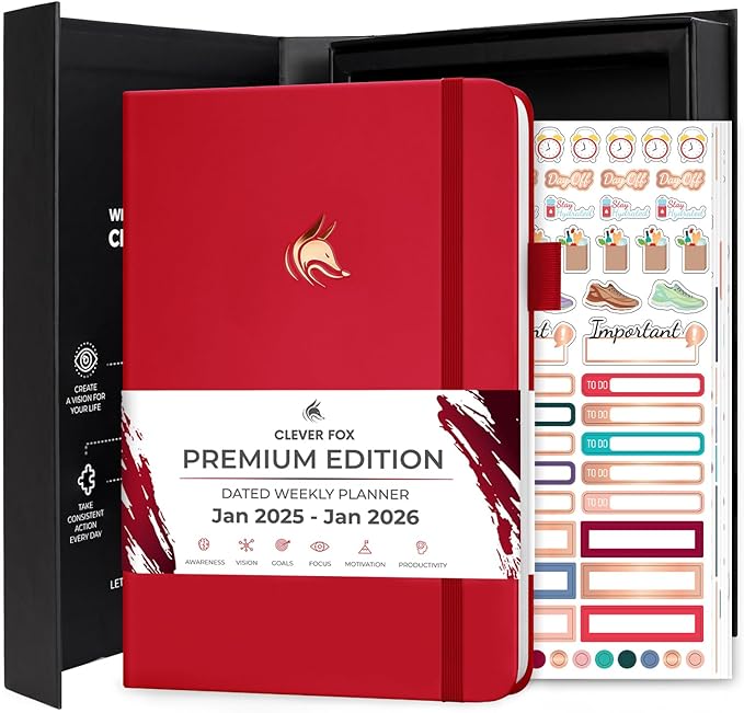 Clever Fox Dated Planner Premium Edition – 2025-2026 Weekly Planner for Planning, Goal Setting & Time Management – Planner Notebook with Habit Tracker & to-do List – A5 Size (Red)