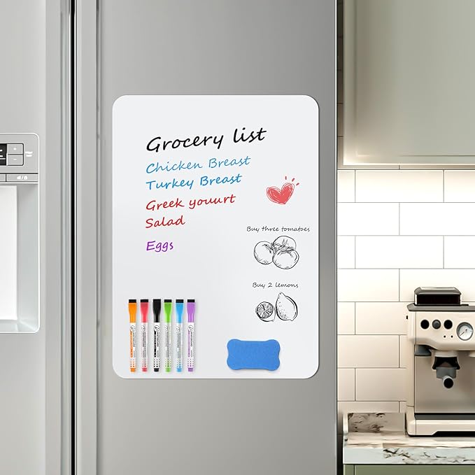 MaxGear 20'' X 13'' inch Magnetic Dry Erase Whiteboard for Refrigerator, Fridge Whiteboard Sheet for Kitchen Fridge Shopping List Notice Board with New Stain Resistant Technology (1 Eraser,6 Markers)