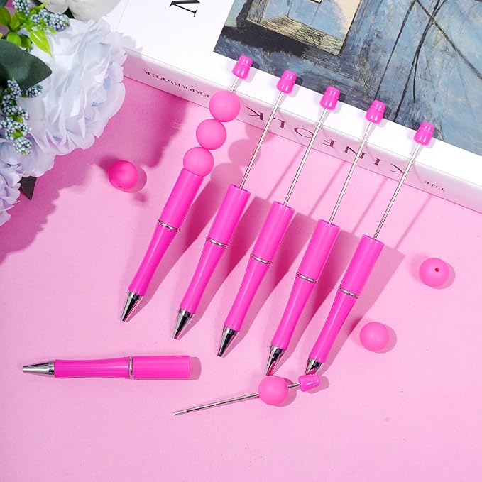 jiebor 30Pcs Hot Pink Beadable Pens Plastic Bead Pen Black Ink Ballpoint Pens Diy Pens Cute Cool Pens for Kids Girls Students Teacher Bridal Graduation Gift Office School Supplies