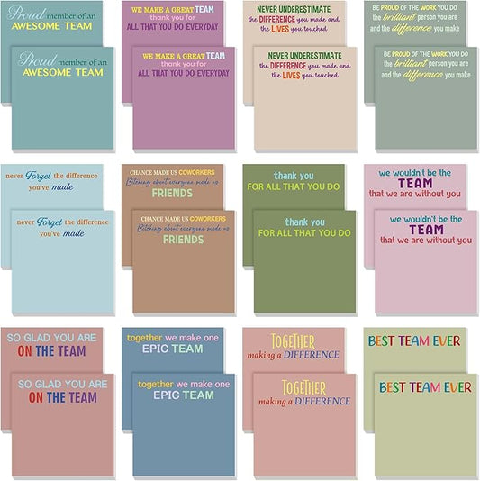Yinder 24 Pcs Team Sticky Notes Team Appreciation Gifts Bulk Employee Coworker Inspirational Sticky Notes Pad Appreciation Gifts for Teacher Nurse Office Supplies 3 x 3''(Morandi,Appreciation)
