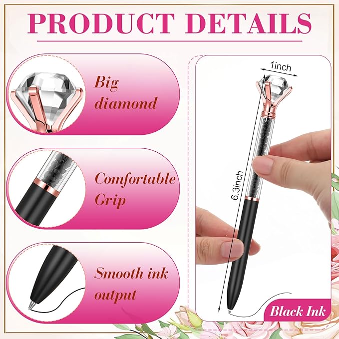 Sherr 100 Pack Big Crystal Diamond Pens Cute Ballpoint Pens Retractable Ballpoint Rhinestones Crystal Bling Gem Plated Black Gel Ink Office Supplies Gifts for Women(Black,Glitter)