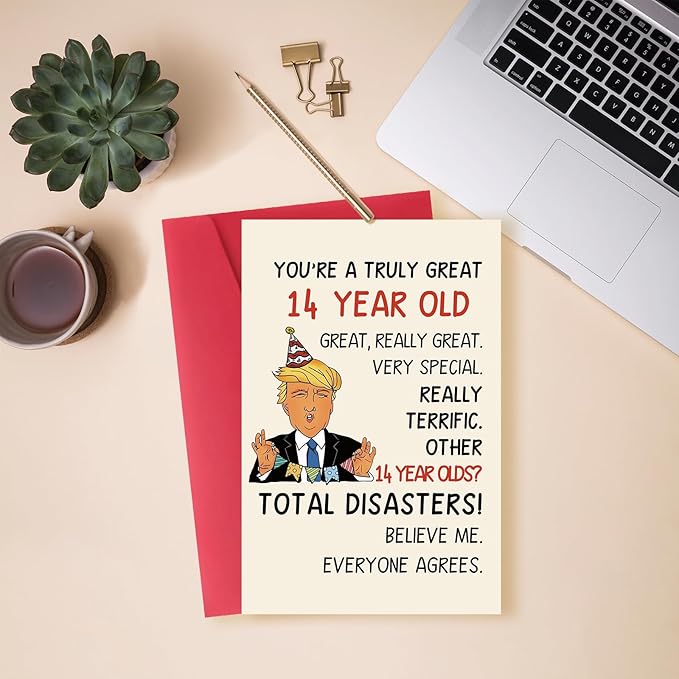 Funny Trump 14th Birthday Card Gift for Son Daughter, Humorous 14 Year Old Birthday Gift for Boys Girl, Happy 14th Birthday Decorations for Him Her