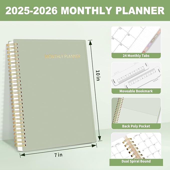 SUNEE 2025-2026 Monthly Planner - 24 Months (Jan 2025 - Dec 2026) Monthly Planner - 7"x10" Monthly Spreads & Yearly Planner, Sage Green