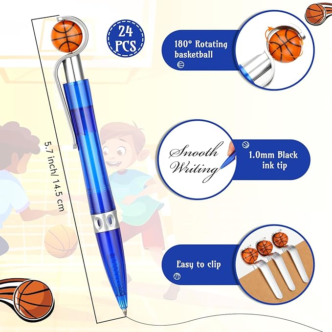 Zhanmai 24 Pcs Novelty Basketball Pens Sports Ballpoint Pens Basketball Party Favors Desk Cool Writing Tool for Students Supplies Stationery School Office Decor(Blue,Basketball)