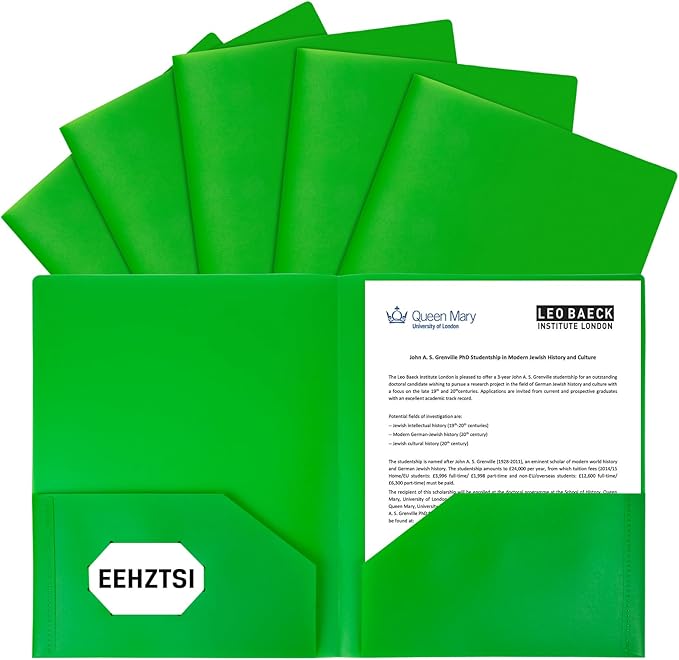6-Pack Plastic Folders with Pockets,2-Pocket Poly Folders Holds 8-1/2" x 11" Paper for School/Office/Home, Green
