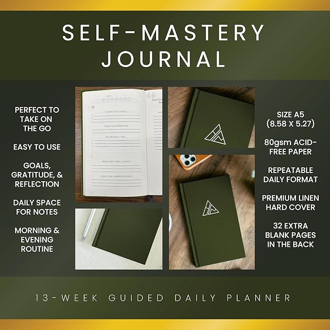 Self-Mastery Journal for Men - Gratitude Journal – 5 Minute Journal - Reflection Manifestation Journal for Mindfulness – Goal/Guided Gratitude Journal for Women & Men (Olive, Self Care Journal)
