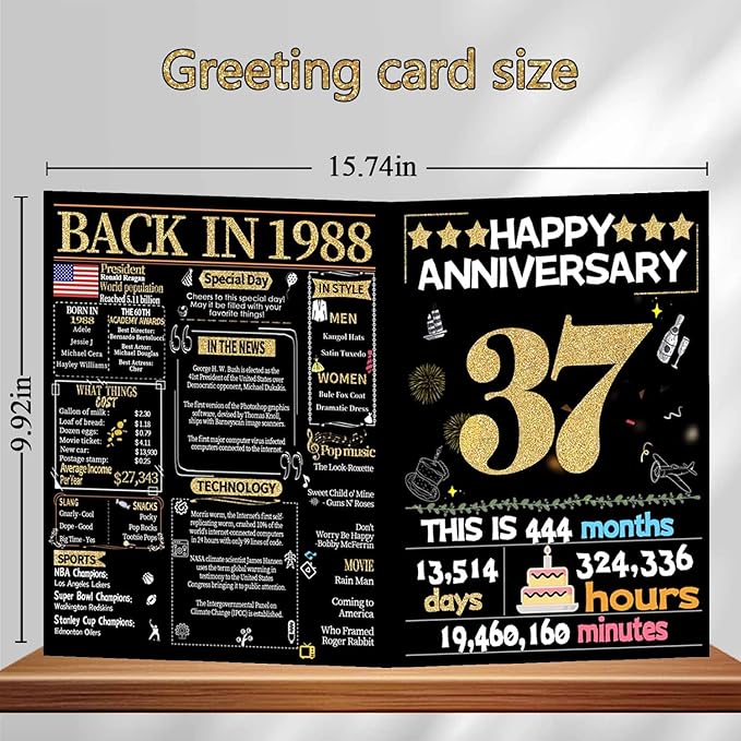 Joycard 37th Anniversary Card for Women Men, Gold Wedding Card for Wife Husband, Sweet Marriage Decorations Gifts for Couple, Perfect for Her Him on Anniversary Day, Back in 1988