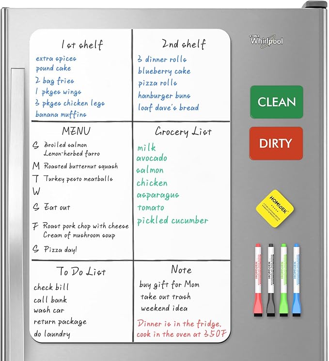 Magnetic Dry Erase Board: Large Fridge Whiteboard, Flexible Refrigerator Magnet White Board, Blank Writing Note Sheet with Dishwasher Magnet Clean Dirty Sign, 4 Markers & Eraser - 23 x 15