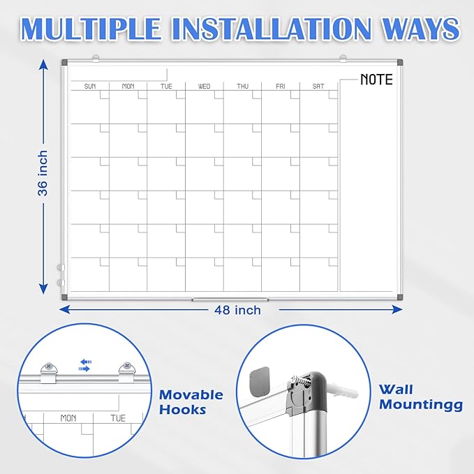 WALGLASS Dry Erase Calendar Whiteboard, 48" x 36" Monthly Large Dry Erase Calendar for Wall, Double-Sided Hanging Calendar White Board with Silver Aluminum Frame for Home, School, Office, Kitchen