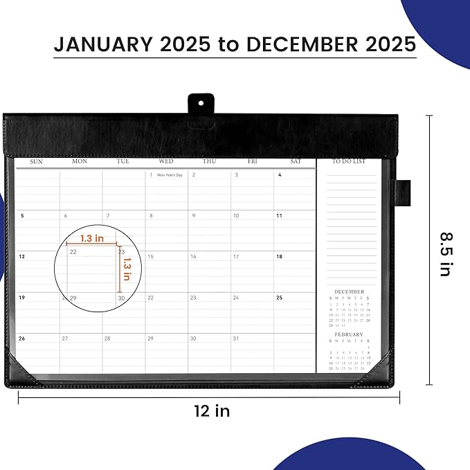 Desk Calendar 2025,12 Month Wall Calendar from Jan 2025-Dec 2025, Small Desk Calendar 12" x 8.5" with To-Do Lists, Leather Desk Pad Calendar with PVC Cover for Home School and Office,Black