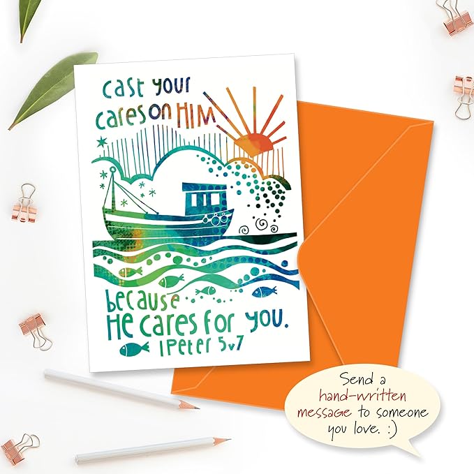 Christian greeting cards with Scripture, 9 in this pack of thinking of you cards religious, blank inside, hand drawn by British artist Jacqui Grace (Multicolored / CH438)