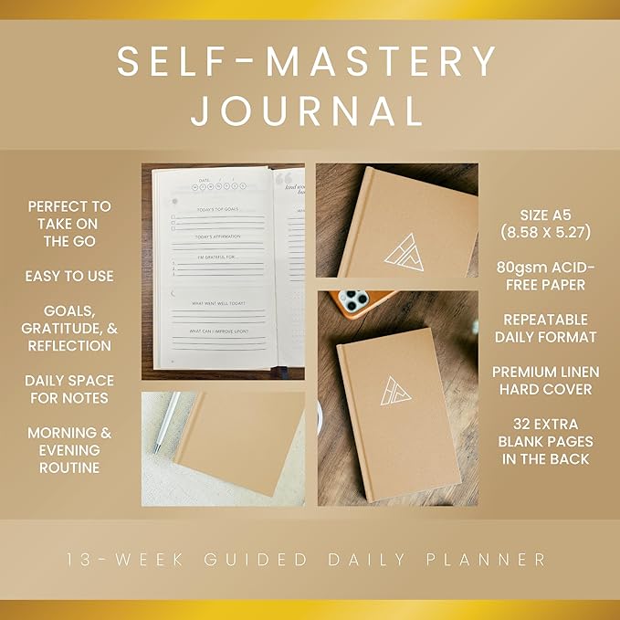 Self-Mastery Journal for Men - Gratitude Journal – 5 Minute Journal - Reflection Manifestation Journal for Mindfulness – Goal/Guided Gratitude Journal for Women & Men (Khaki, Self Care Journal)