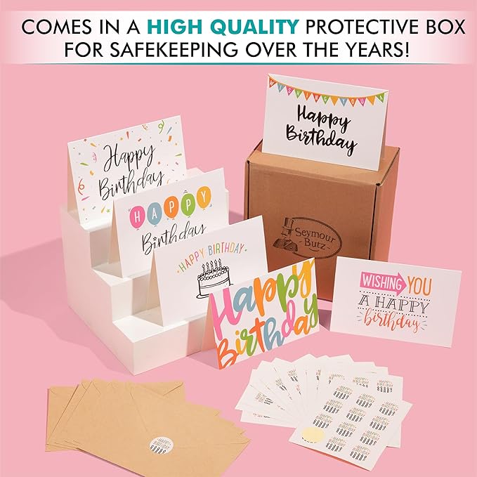 Seymour Butz Happy Birthday Cards Bulk with Envelopes - 120 Happy Birthday Card Pack with 6 Designs, Craft Paper Envelopes and Labels | Assorted Birthday Cards Box Set