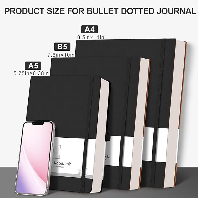 AHGXG Bullet Dotted Journal - 320 Pages Dot Grid Notebook B5 Large Journal, 100gsm Thick Dotted Paper, Leather Softcover, with Journal Stencils, Inner Pocket, 7.6'' X 10'' - Black