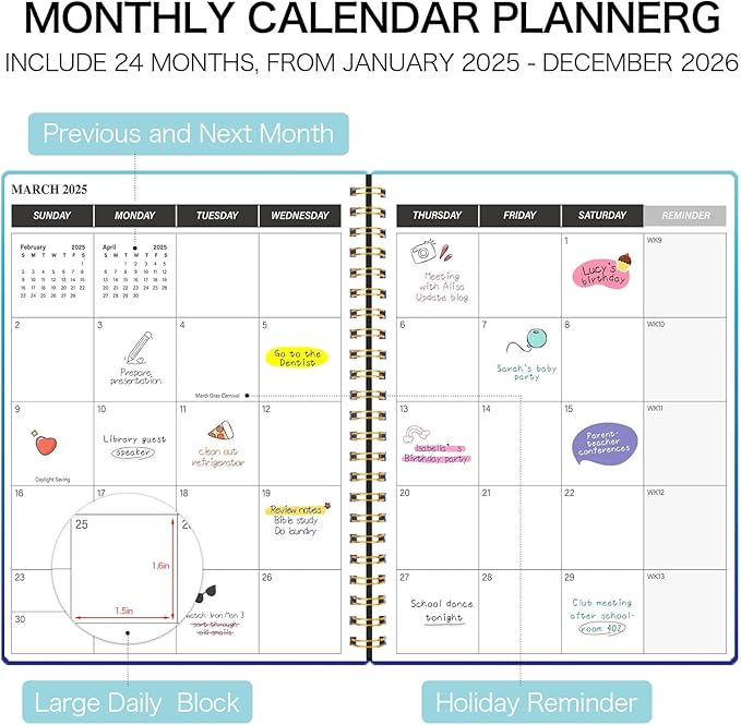 Monthly Planner 2025-2026, 2025 Calendar 24 Months Planner, JAN 2025 - DEC 2026, 7.4"x9.4", Personal Organizer with Monthly Goals, To-Do List, Habit Tracker, 24 Monthes for School Office Home Planning