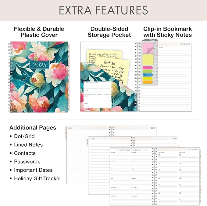 Essential PRO 2025 Daily, Weekly & Monthly Planner, 8.5"x11": 14 Months (Nov 2024 - Dec 2025) Monthly Tabs,Daily Tracking,Notes Pages,Storage Pocket,Bookmark w Sticky Notes (Teal Floral)