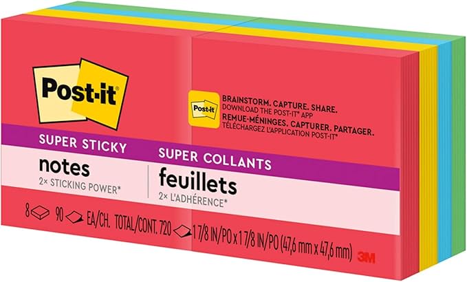 Post-it Super Sticky Notes, 8 Sticky Note Pads, 1.875 x 1.875 in., Back to School Supplies for Students, Ideal for Textbooks, Notebooks, and Vertical Surfaces, Playful Primaries Collection