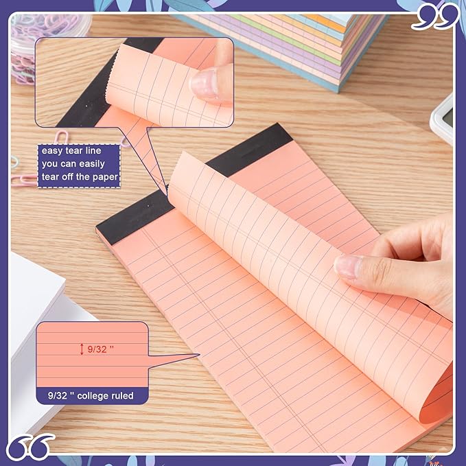 Lincia 24 Pcs 5" x 8" Colored Note Pads Mini Legal Pads Ruled 50 Sheets Per Micro Writing Pads Perforated and Lined for College Office Supplies (Bright Colors)