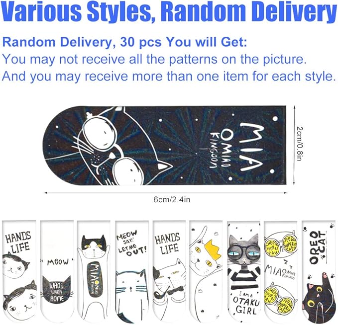 30 Pieces Cute Magnetic Bookmarks Bulk for Women/Men, Dual Sided Rainbow Film Laminated Page Clips, Plain Magnet Page Markers, Cool Paper Bookmarks for Kids Students Reading Giveaways (Cat)