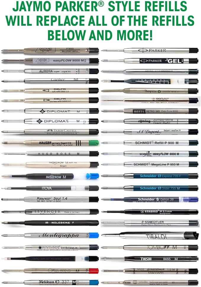 Jaymo Replacement for Parker 1950369/1950370/1950371 and Bastion - Measures 3.875 in / 98 mm Long - G2 Ballpoint Pen Refill - 2 Black + 2 Blue + Red + Purple