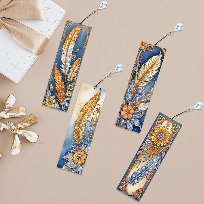 4-Piece 5D Diamond Painting Bohemian Style Bookmarks Set, DIY Craft Kit with Rhinestones – Unique Flower and Feather Designs, Handmade Art Craft Bookmarks with Tassels, Ideal Gift for Book Lovers
