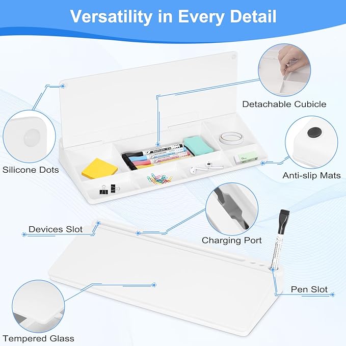 Desktop Glass Whiteboard with Storage, Desk White Board with Computer Keyboard Stand, White Dry Erase Board with Drawers for Home, School, Office Desk Organizers and Accessories