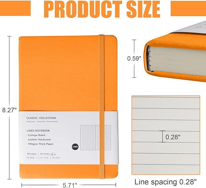 Lined Journal Notebook, 10Pack(Orange), 160 Pages, Medium 5.7 inches x 8 inches - 100 gsm Thick Paper, Hardcover