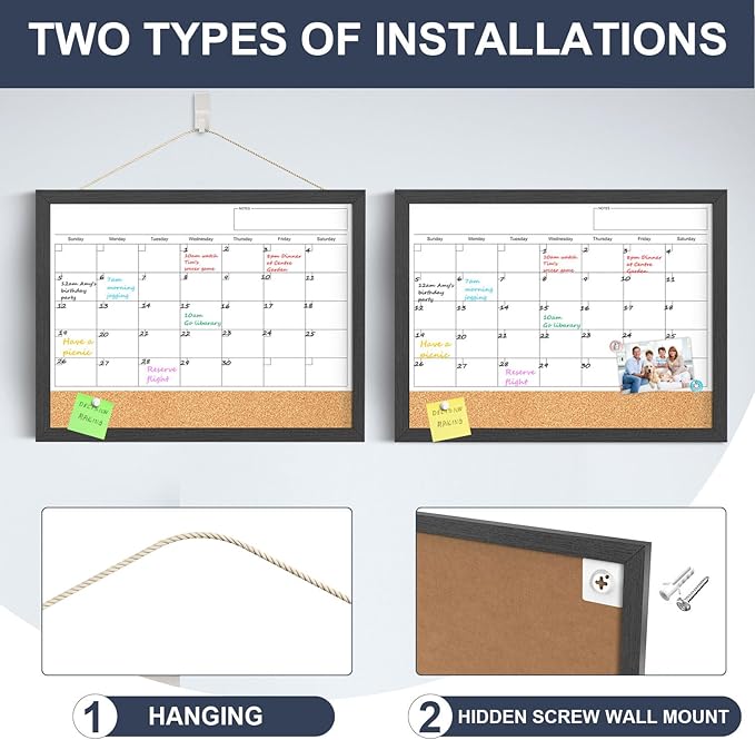 Dry Erase Calendar for Wall, 18x24 Inches Dry Erase Calendar Cork Board Combo, Magnetic White Board with Wood Framed, Hanging Dry Erase Board for Planner Home Office Kitchen Memo