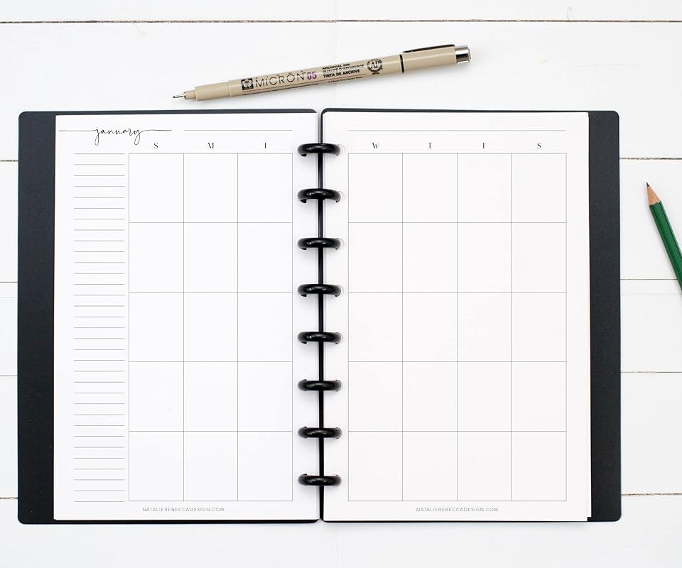 BetterNote Horizontal Undated Calendar Refill Pages for Disc Notebook, fits The Happy Planner, Discbound Levenger Circa, Staples Arc, TUL (Modern- 6 months, 8-Disc, 5.5"x8.5")