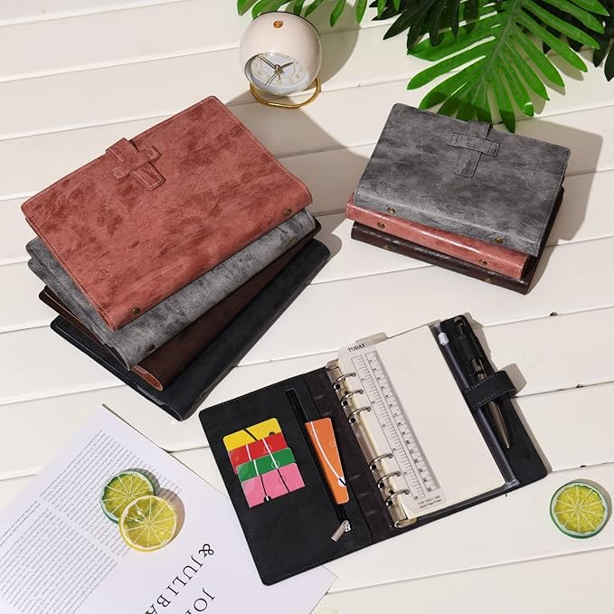 Wonderpool Leather Journal Refillable Binder A5 Writing Notebook Folder Organiser with Dotted Paper & Multi Pockets Cover for Business School Travel (A6, Black)